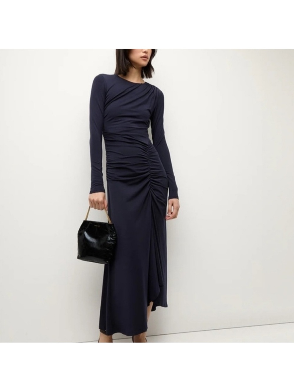 Veronica Beard theodora navy blue ruched drape asymmetric long sleeve maxi dress